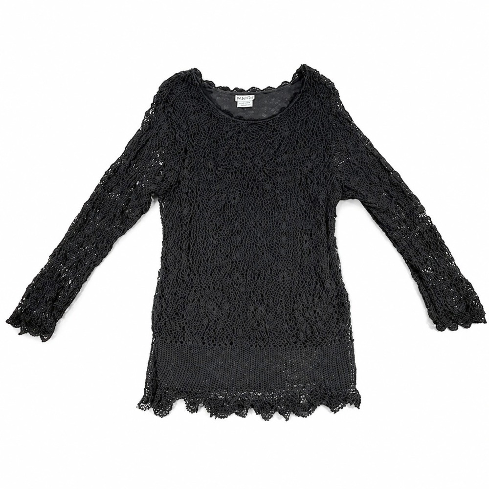Marisol Black Crochet‎ Tunic Top Women XL Cotton Lined Boho Long Sleeve